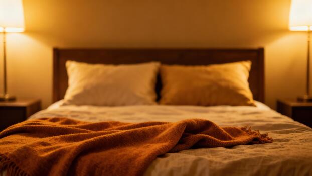 A softly lit bedroom with warm lamplight and a folded blanket
